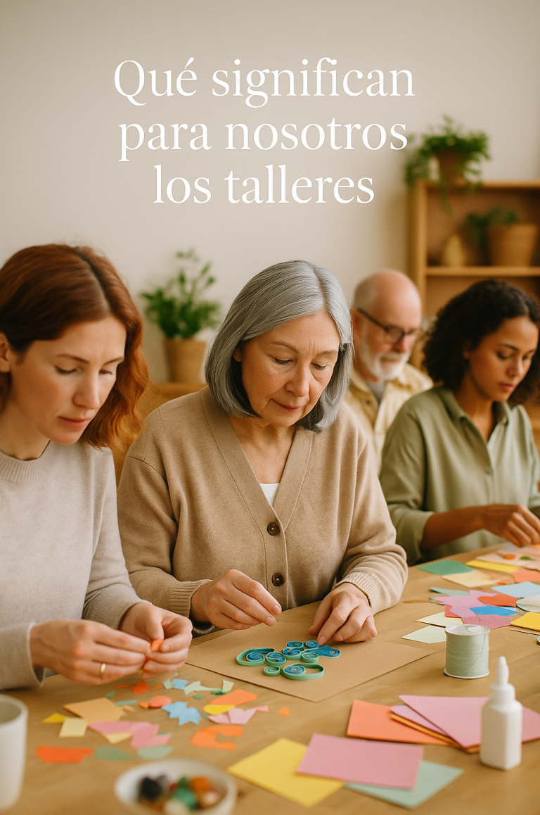 Personas trabajando en manualidades con papeles de colores en una mesa. Texto arriba.